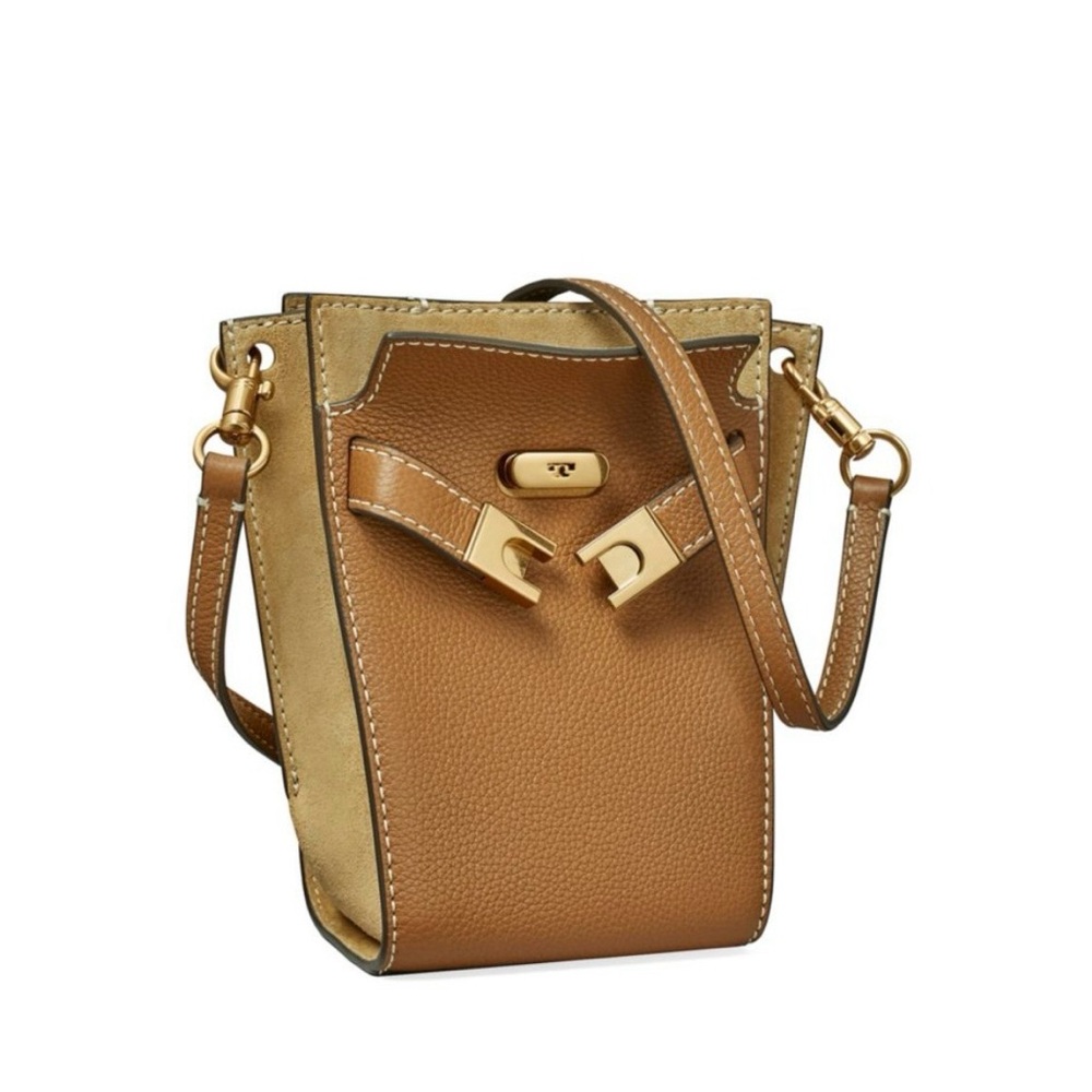 Tory Burch Lee Radziwill Tan and Gold Shoulder/ crossbody bucket Bag - Picture 15 of 16